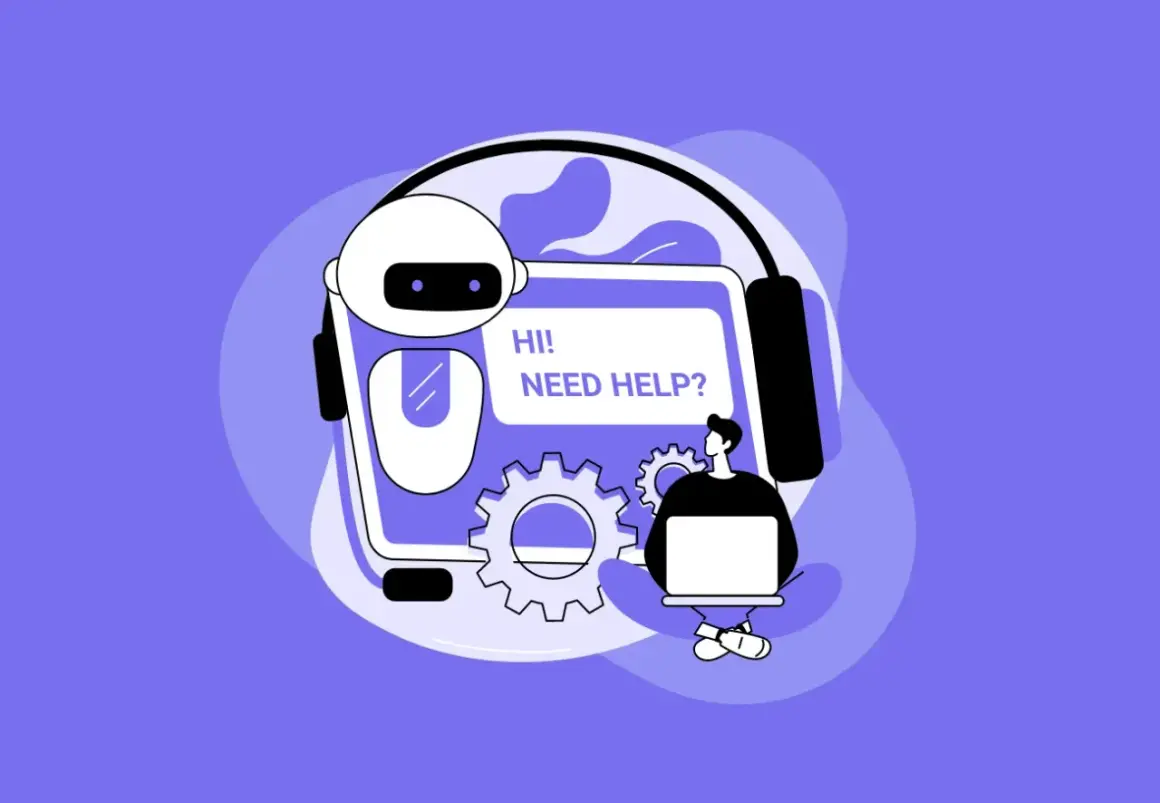 Robot z nagłówkiem "Hi! Need help?" i człowiek przy laptopie. To ilustracja pokazująca, gemini co to jest – inteligentny asystent.