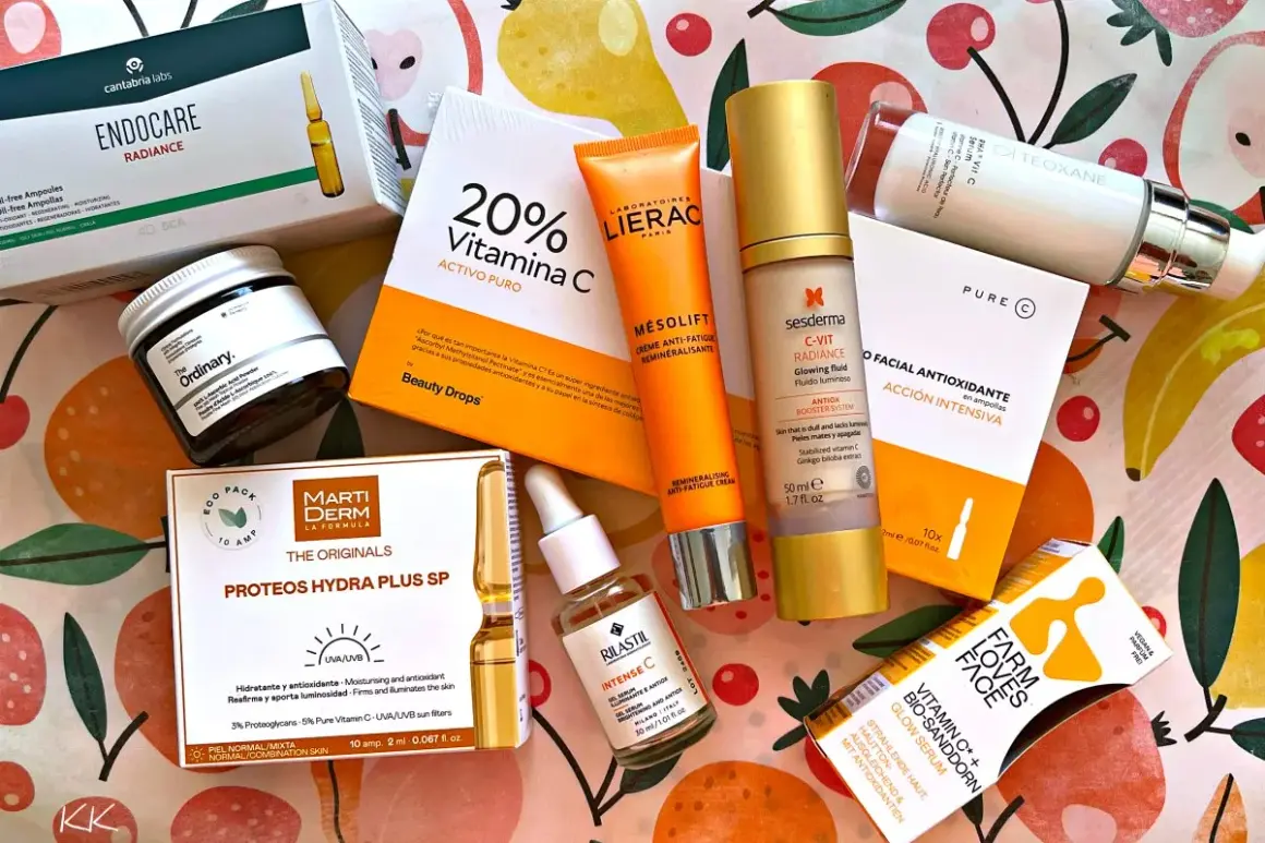 Reines Vitamin C Serum für strahlende Haut. Eine Auswahl an Produkten mit Vitamin C, darunter ein reines Vitamin C Serum von Rilastil.