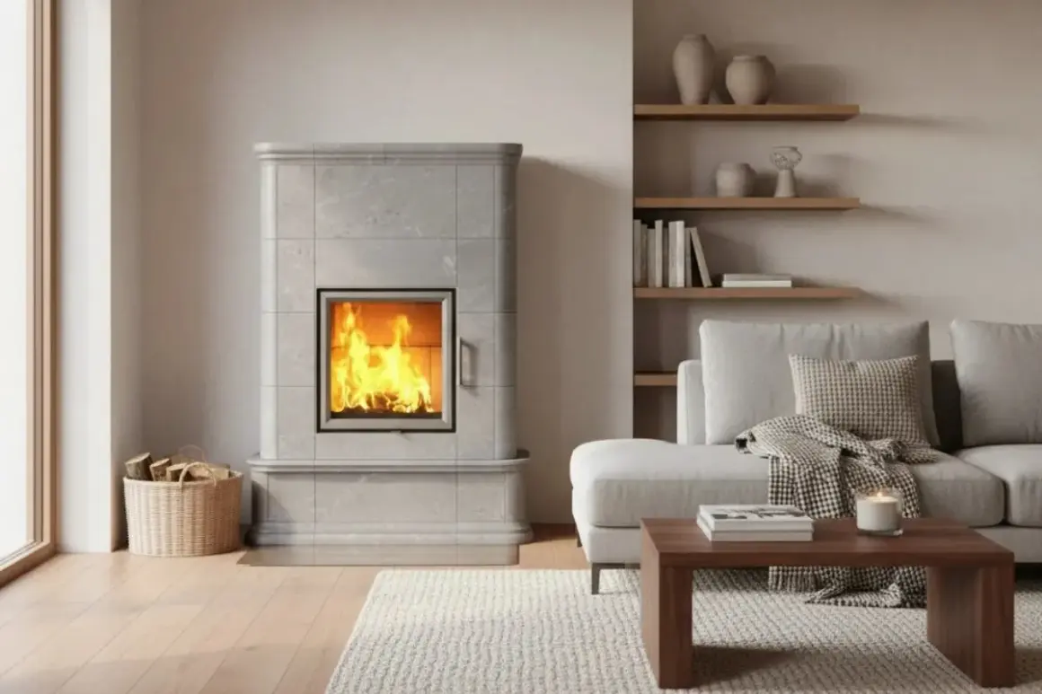 Ein gemütlicher Wohnraum mit einem gemauerten Kamin, in dem ein Feuer lodert. Daneben ein Korb mit Holzscheiten und ein Sofa mit Kissen und Decke.