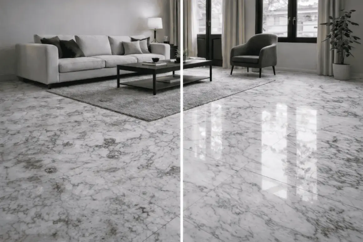 Un elegante soggiorno con un divano bianco e un tavolino, il tutto su una splendida scanalatura del marmo che riflette la luce.
