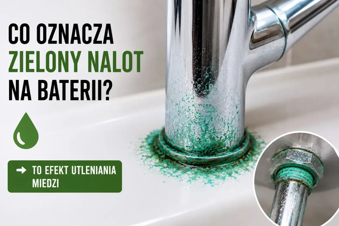 Zielony osad na kranie to efekt utleniania miedzi. Widać go wokół podstawy baterii i na jej elementach.