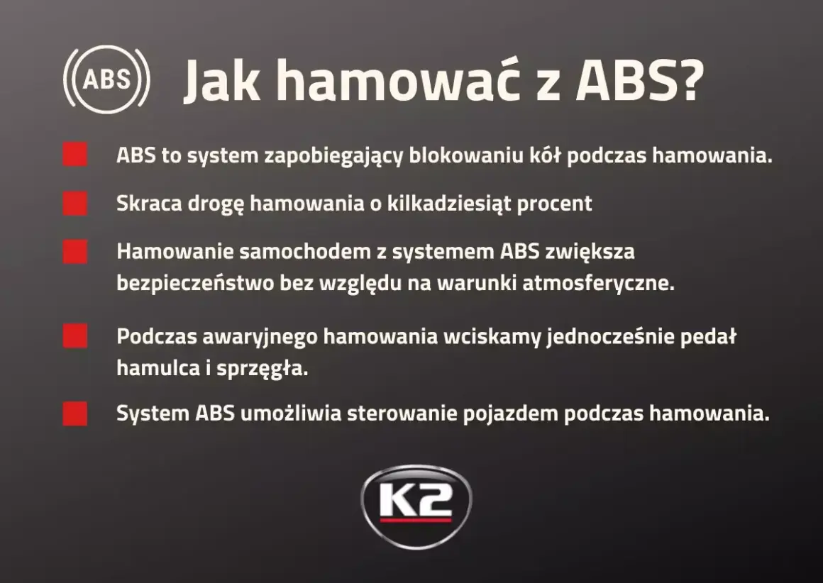 Jak hamować z ABS? System zapobiega blokowaniu kół, skraca drogę hamowania i zwiększa bezpieczeństwo. Podczas awaryjnego hamowania wciskaj pedał hamulca i sprzęgła. ABS pozwala sterować pojazdem.