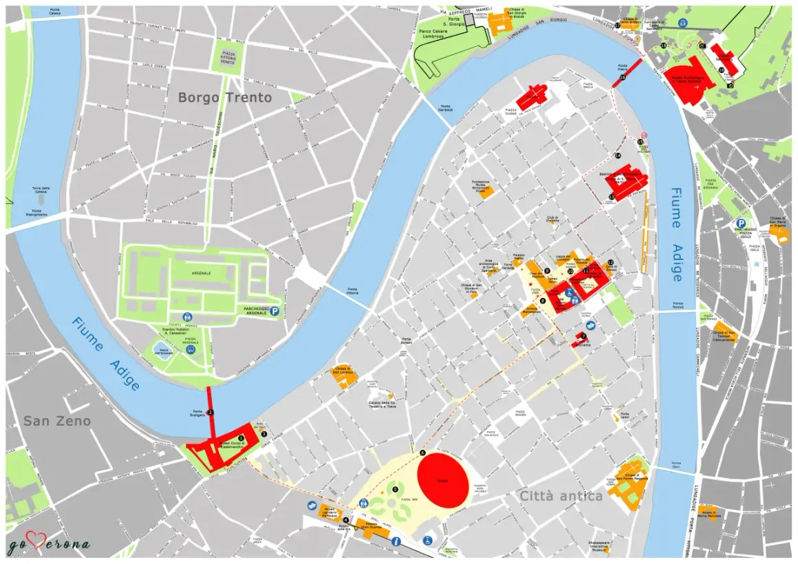 Mappa di Verona: scopri cosa vedere, dall'Arena al Ponte Pietra, passando per Castelvecchio e la Casa di Giulietta.