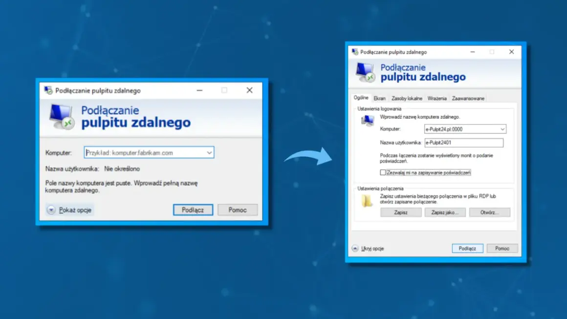 Dwa okna programu "Podłączanie pulpitu zdalnego" z różnymi polami wprowadzania danych.