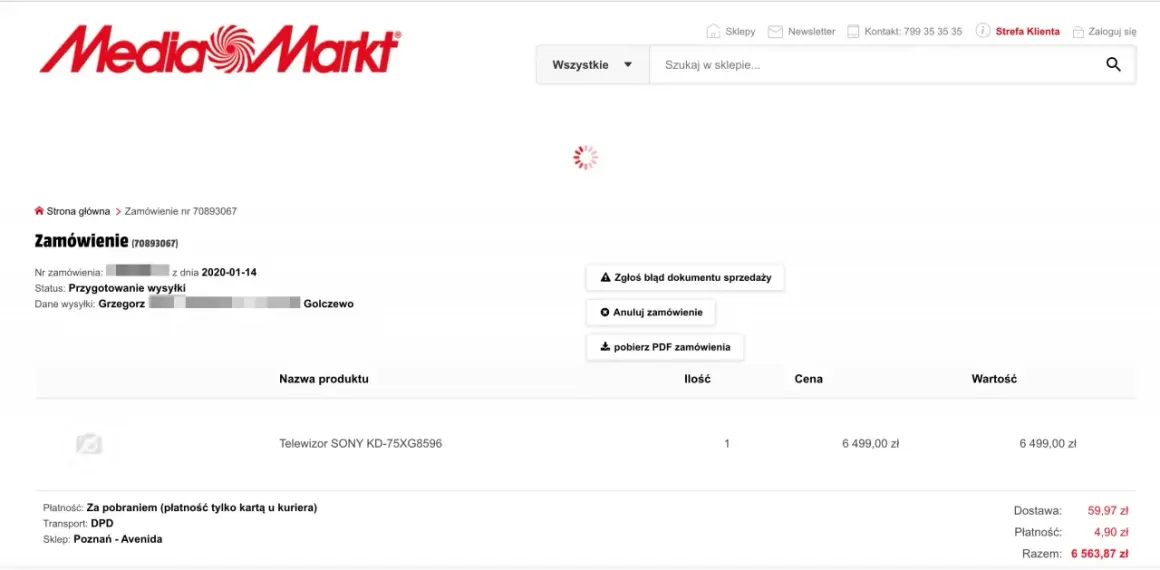 Szczegóły zamówienia w Media Markt, numer faktury 70893067. Widoczny telewizor SONY KD-75XG8596.
