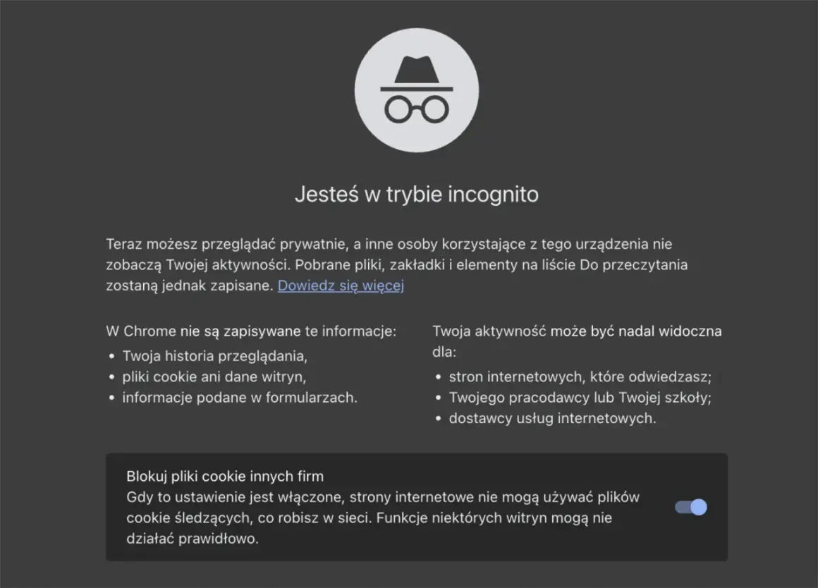 Ikona szpiega w okularach symbolizuje tryb incognito. Przeglądaj prywatnie, ale pamiętaj, że aktywność może być widoczna dla pracodawcy.