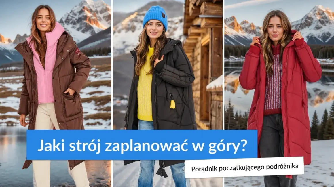 Trzy kobiety prezentują zimowy ubiór w góry: brązową, czarną i czerwoną kurtkę puchową. Idealny strój na górską wyprawę.