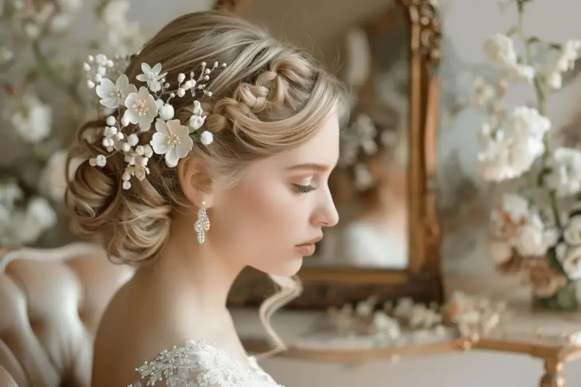 Une mariée aux cheveux blonds, coiffure crantée ornée de fleurs et de perles, porte des boucles d'oreilles scintillantes.