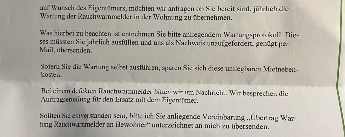 Brief zur jährlichen Wartung der Rauchwarnmelder. Bei Selbstausführung sparen Sie Kosten. Defekte Geräte bitte melden.