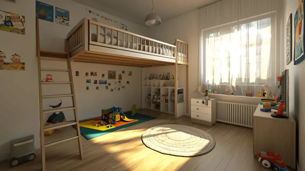 Spielzimmer mit Hochbett, Rutsche und vielen Spielsachen. Tolle kinder ideen unterm hochbett für Abenteuer.