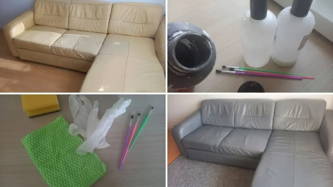 Przed i po metamorfozie kanapy. Samodzielne obicie kanapy z beżowej na szarą, z użyciem farby i akcesoriów.