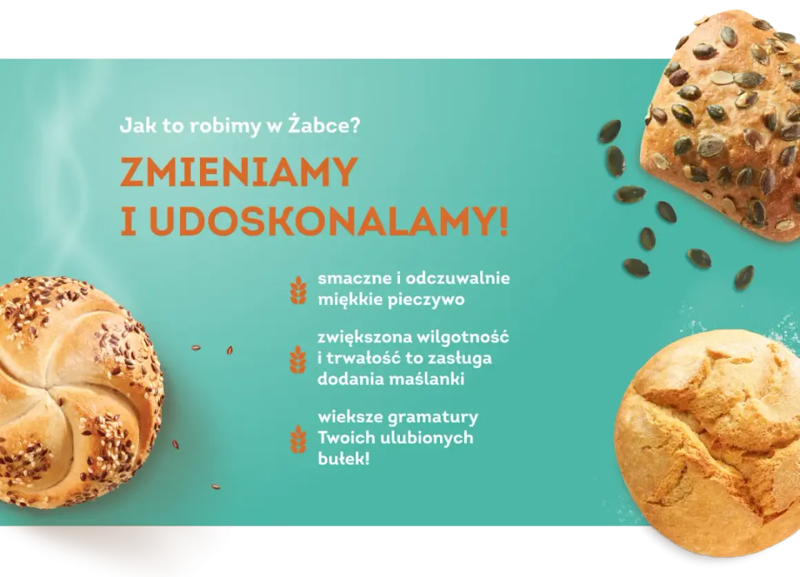 Bułki z ziarnami i dynią na tle grafiki z tekstem.