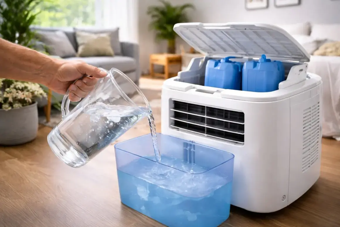 Une main verse de l'eau dans un bac bleu pour un climatiseur mobile. Faut-il mettre de l'eau dans un climatiseur mobile ? Oui, pour le rafraîchissement.