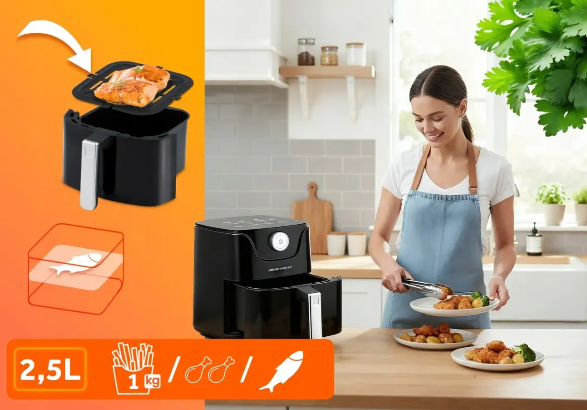 Kobieta serwuje pyszne dania z airfryer: chrupiące nuggetsy, ziemniaczki i łososia. Idealne dania z airfryer dla całej rodziny.