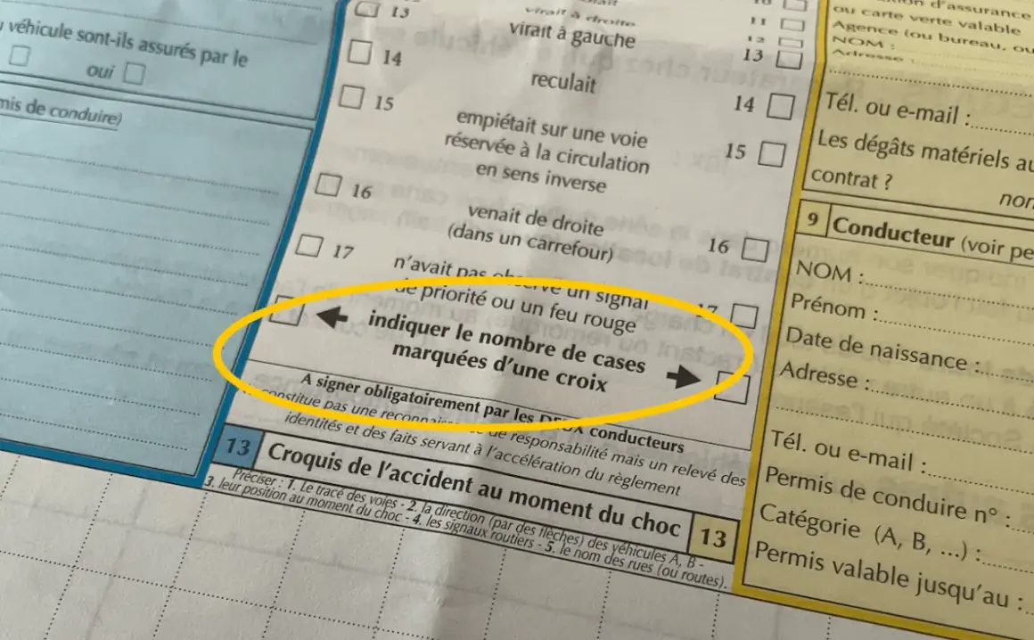 Exemple de constat rempli : une section du formulaire demande d'indiquer le nombre de cases marquées d'une croix.