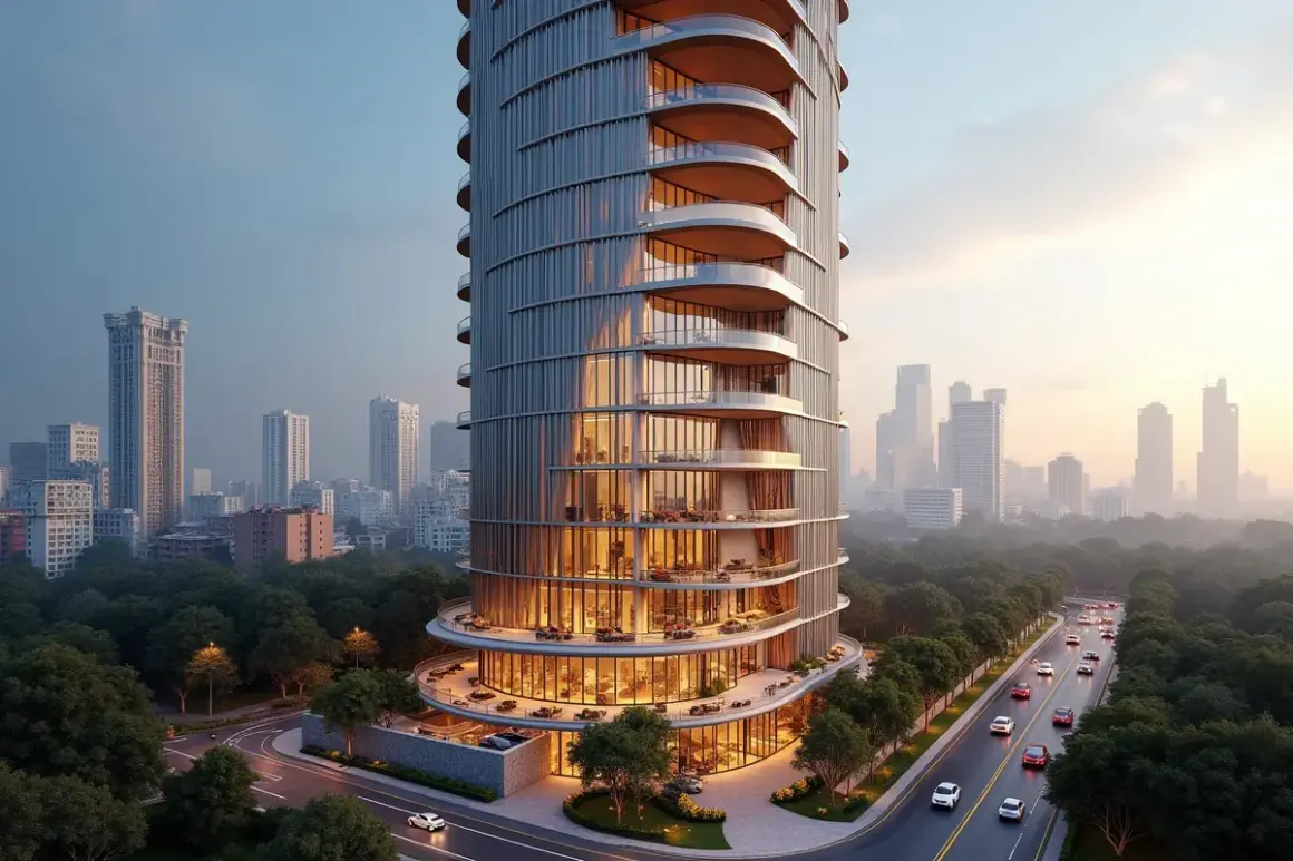 Nowoczesny wieżowiec Antilia Tower w mieście, otoczony zielenią i drogą z samochodami.