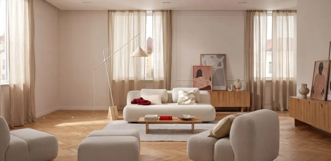 Helle Leinen-Gardinen schaffen eine warme Atmosphäre. Tolle Gardinen Ideen für ein gemütliches Wohnzimmer mit beigen Sofas und Holzboden.