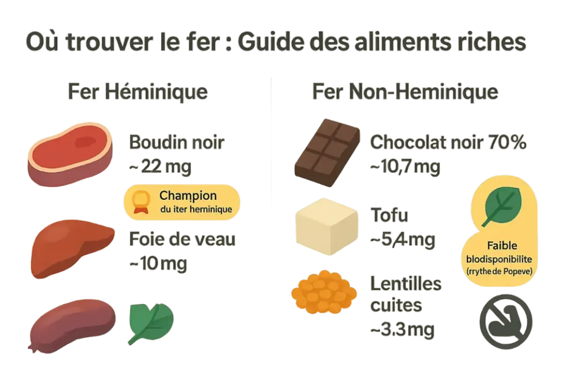 Guide des aliments riches en fer : boudin noir, foie de veau, chocolat noir, tofu et lentilles. Le boudin noir est le champion !