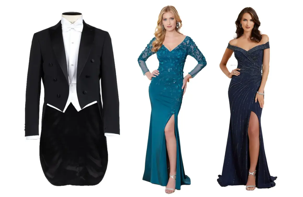 En frack och två eleganta klänningar för en black tie event.