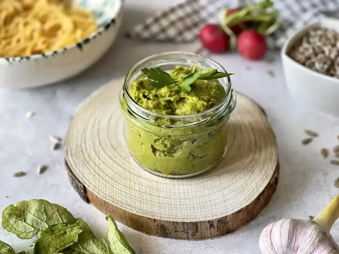 Słoiczek domowego pesto z bazylii, gotowy do podania z makaronem. Obok czosnek i słonecznik.