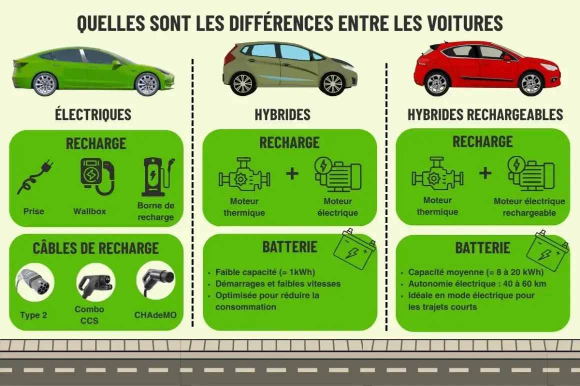 Comparaison des voitures électriques, hybrides et hybrides rechargeables. Les hybrides rechargeables ont un moteur thermique et un moteur électrique rechargeable.