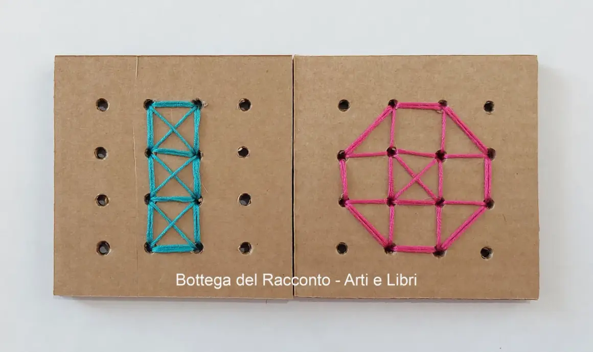 Lavoretti con ago e filo per bambini: due pannelli di cartone con fori, uno decorato con filo turchese a formare un rettangolo con croci, l'altro con filo rosa a formare un ottagono.
