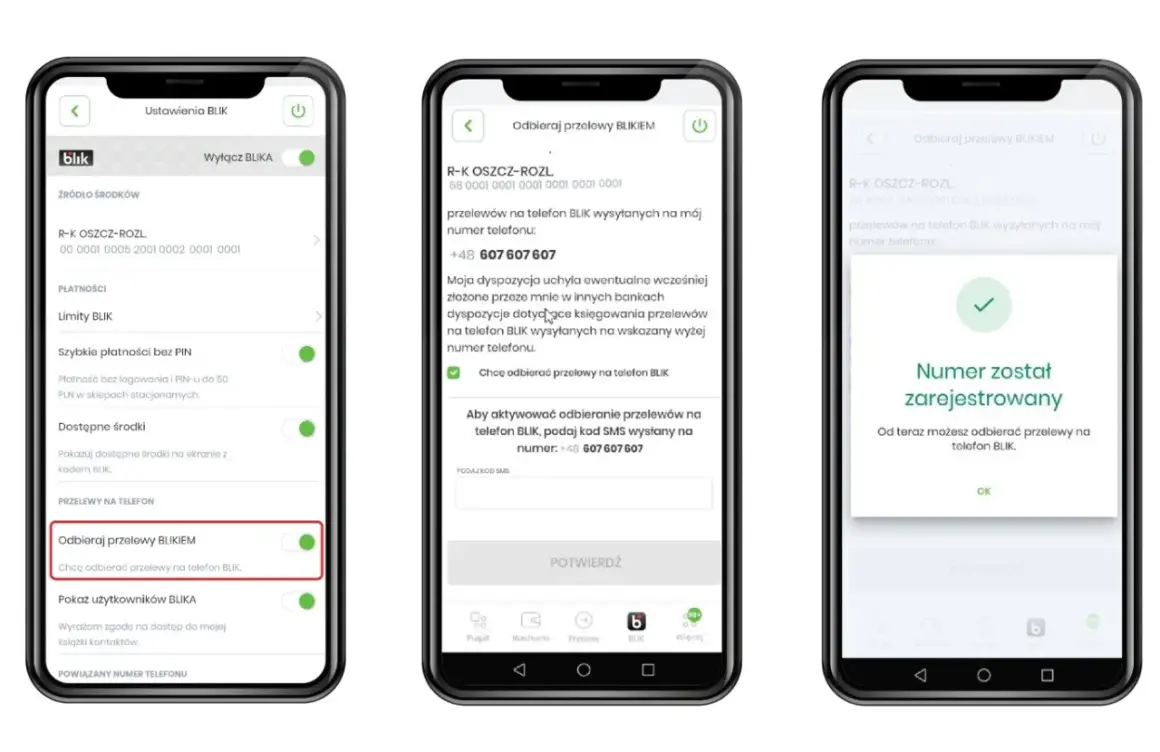 Trzy ekrany telefonu pokazują proces aktywacji odbioru przelewów BLIK. Na pierwszym ekranie widać opcję "Odbieraj przelewy BLIKIEM", na drugim wprowadzanie numeru telefonu, a na trzecim potwierdzenie rejestracji.