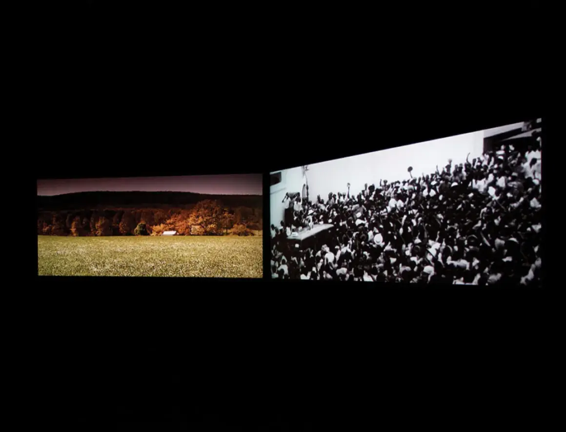 John Akomfrah art: a split screen showing a pastoral landscape with a small building and a dense crowd of people cheering.