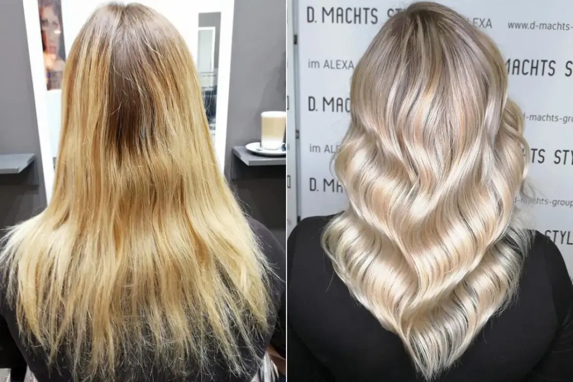 Vorher-Nachher-Vergleich: Blondierung mit Gelbstich wurde zu einem kühlen Blondton umgewandelt.