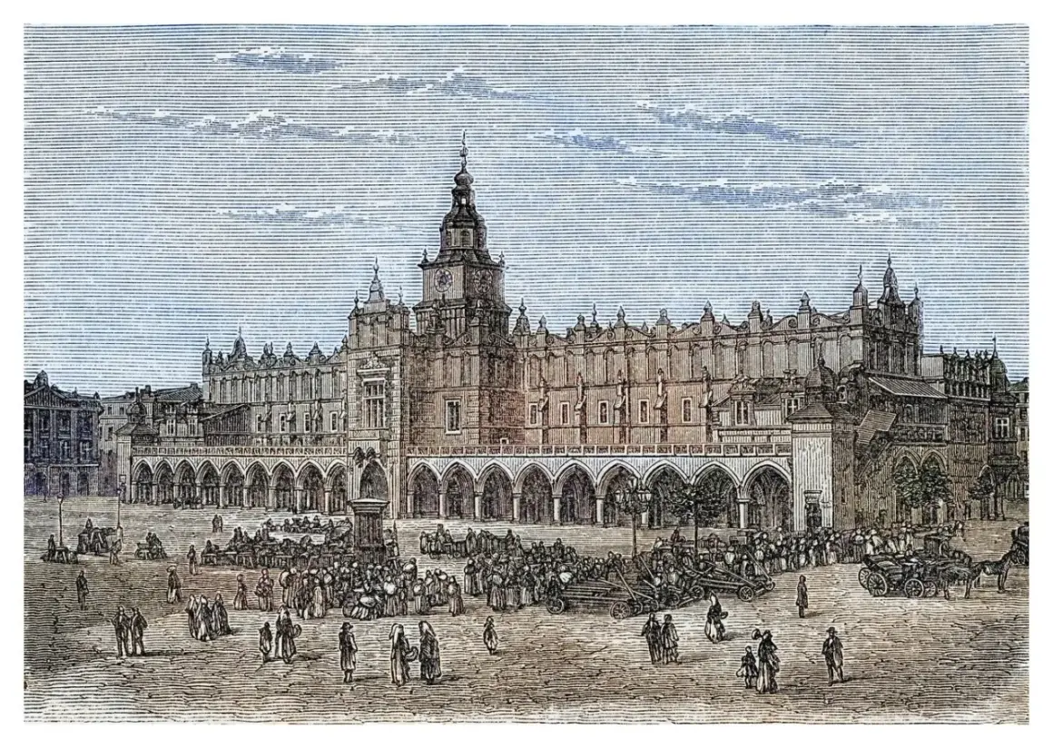 Rynek Główny w Krakowie z Sukiennicami i tłumem ludzi, ilustracja z epoki.