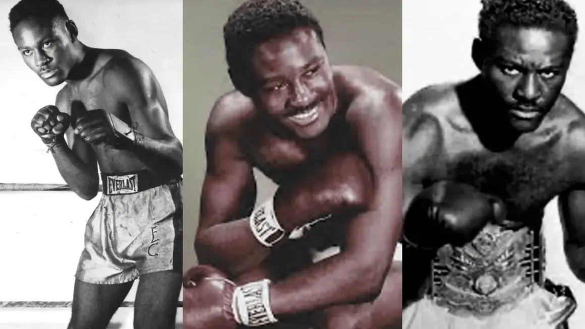 Three images of boxer Ezzard Charles. One shows him in a boxing stance, another with a wide smile, and the third wearing a championship belt.
