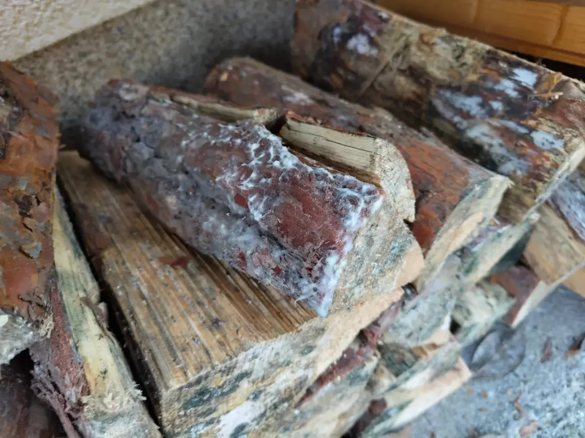 Stapel von Holzscheiten mit weißem Schimmel. Das Brennholz ist feucht und zeigt Anzeichen von Verfall.