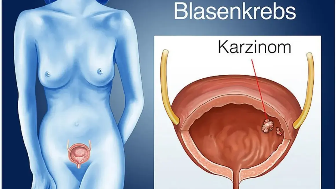Illustration zeigt eine weibliche Figur mit einer Darstellung der Harnblase, in der ein Karzinom zu sehen ist. Dies illustriert das Urothelkarzinom der Harnblase.