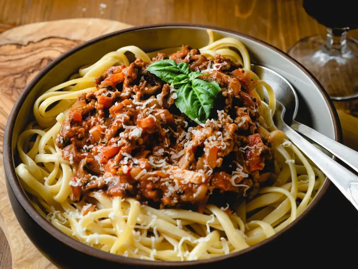 Ein Teller Spaghetti mit herzhafter Bolognese-Sauce, garniert mit Basilikum und Parmesan. Perfekt für ein klassisches bolognese rezept.