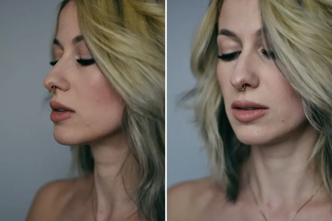 Kobieta z blond włosami i złotym kółkiem w nosie, czyli septum.