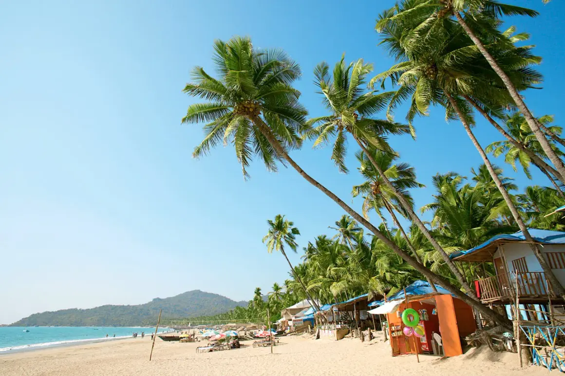 Solig strand med vajande palmer och små stugor i Goa, Indien. En perfekt plats för avkoppling.