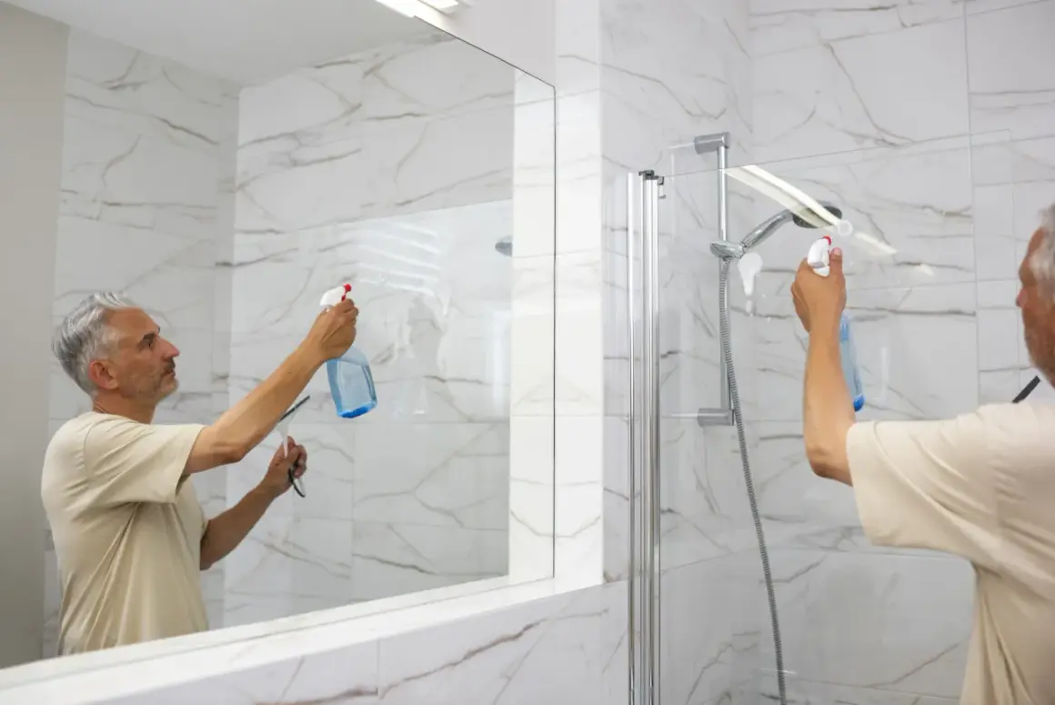 Un homme nettoie la porte de douche en verre pour enlever le calcaire.