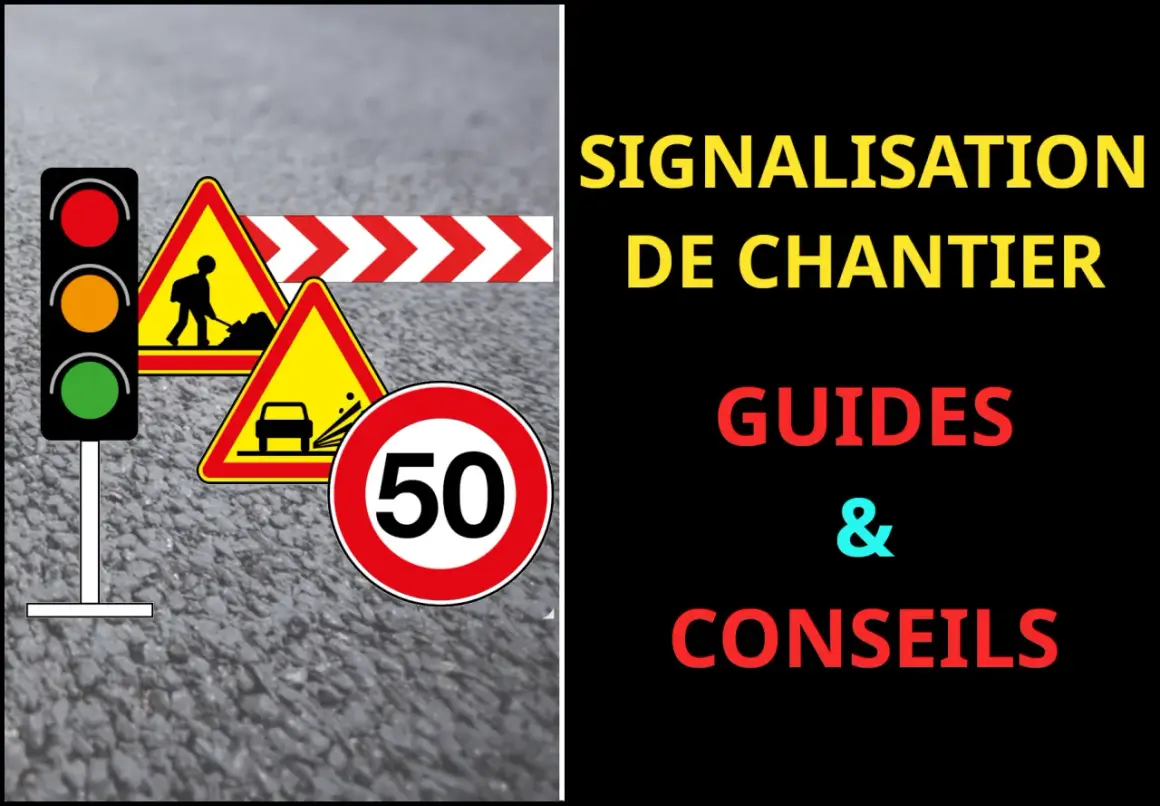Signalisation de chantier : feux, panneaux de danger, limitation de vitesse 50, barrière. Respectez la loi de roulage.