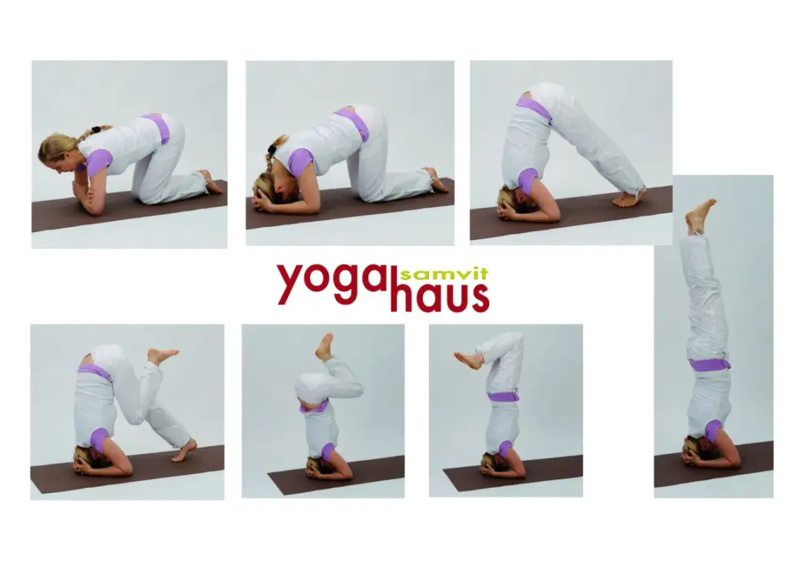 Frau übt verschiedene Schritte des Sirsasana Yoga, beginnend auf Knien, dann auf Unterarmen und Kopf, bis sie den Kopfstand erreicht.