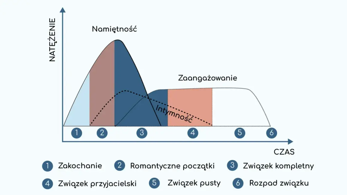 Wykres pokazuje fazy związku: od zauroczenia, przez namiętność, intymność, zaangażowanie, aż po związek pusty i rozpad. Zaniedbanie w związku może prowadzić do pustki.