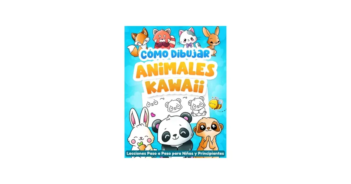 Libro "Cómo Dibujar Animales Kawaii" con un zorro, panda, conejo y perezoso adorables. Lecciones paso a paso para niños.