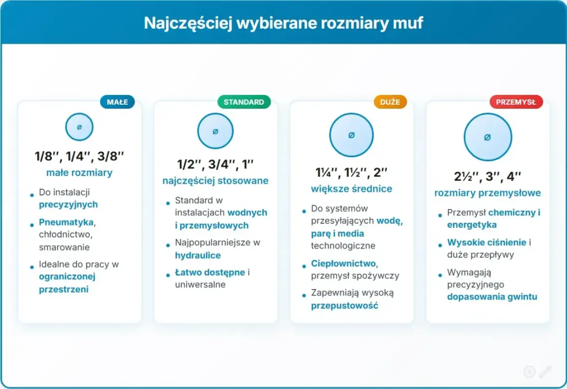 Tabela porównuje rozmiary muf: małe (1/8-3/8 cala) do precyzyjnych instalacji, standardowe (1/2-1 cala) do hydrauliki, duże (1 1/4-2 cala) do systemów wodnych i parowych, oraz przemysłowe (2 1/2-4 cala) do chemii i energetyki.