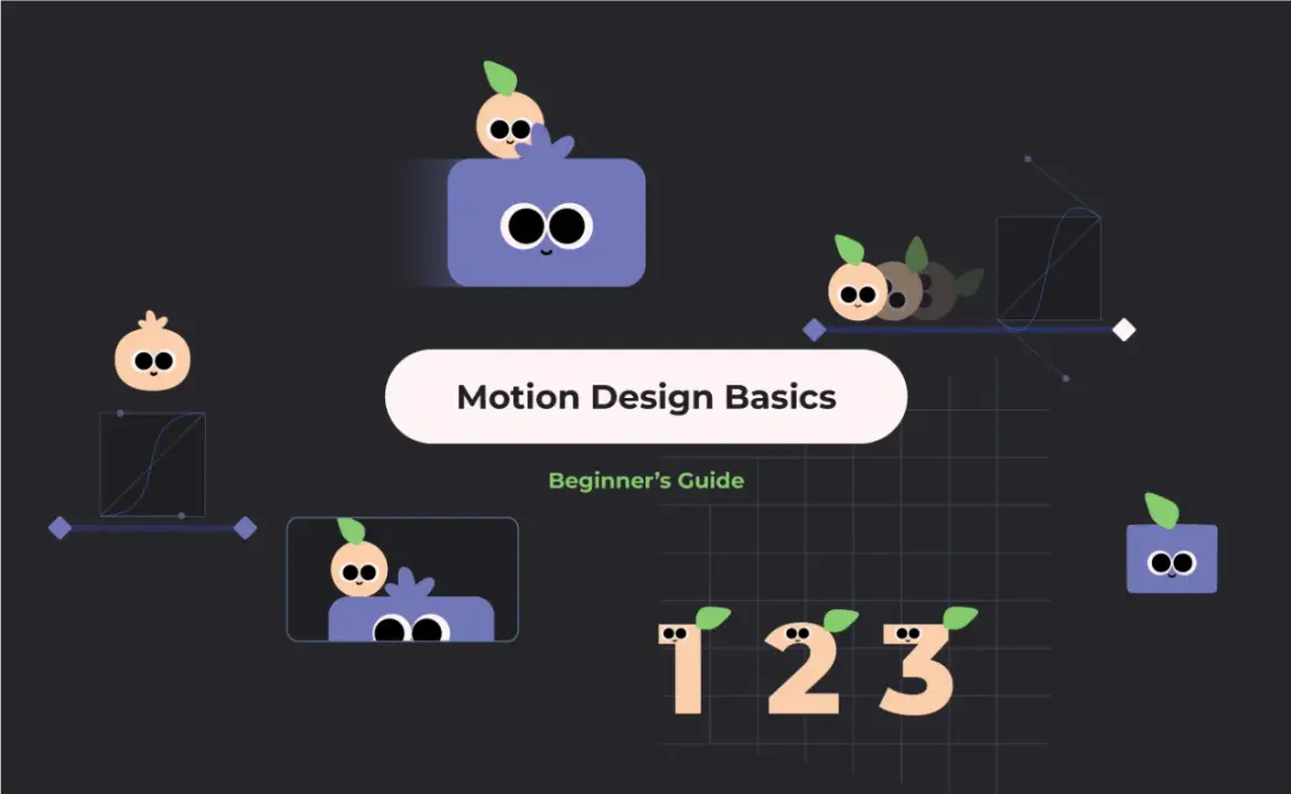Cute characters illustrate motion design tutorials, showing animation curves and the numbers 1, 2, 3.