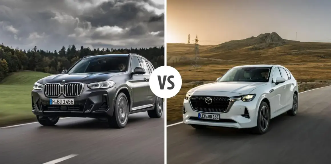 Szara BMW X3 i biała Mazda CX-60 jadące po drogach.