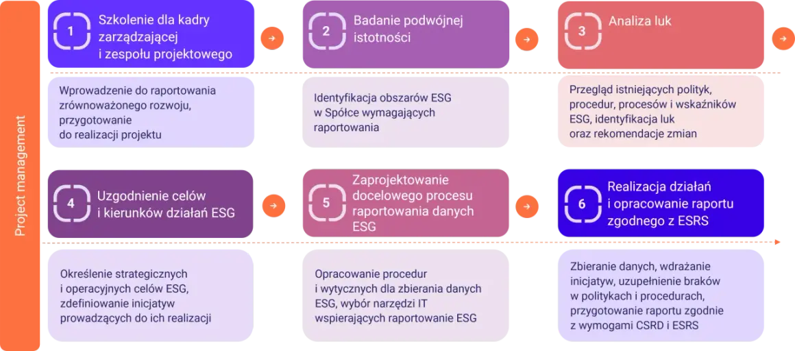 Schemat przedstawia 6 kroków zarządzania projektem ESG: od szkoleń i analizy luk po raportowanie zgodne z ESRS. Dowiedz się, esg co to jest i jak je wdrożyć.