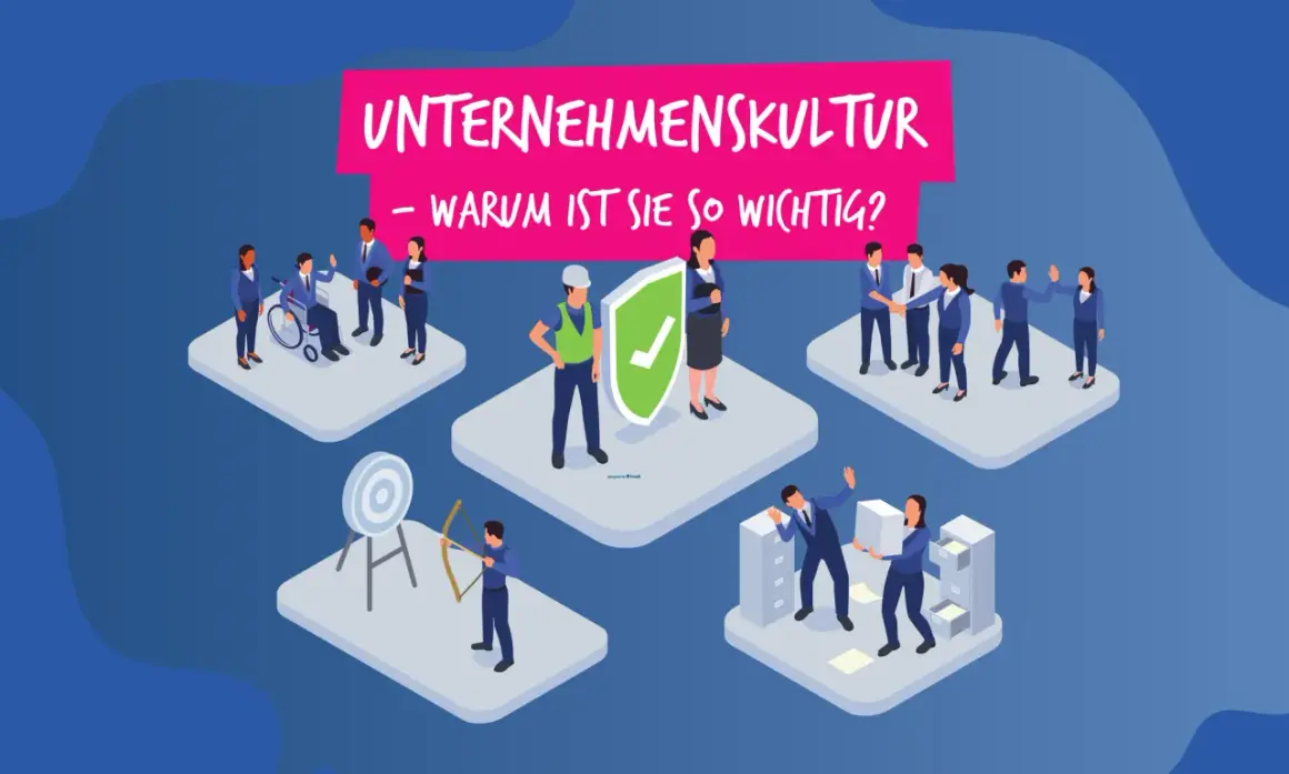 Illustration zeigt, wie man die **Unternehmenskultur verbessern** kann: Teamwork, Inklusion, Zielerreichung und Sicherheit sind Schlüssel.