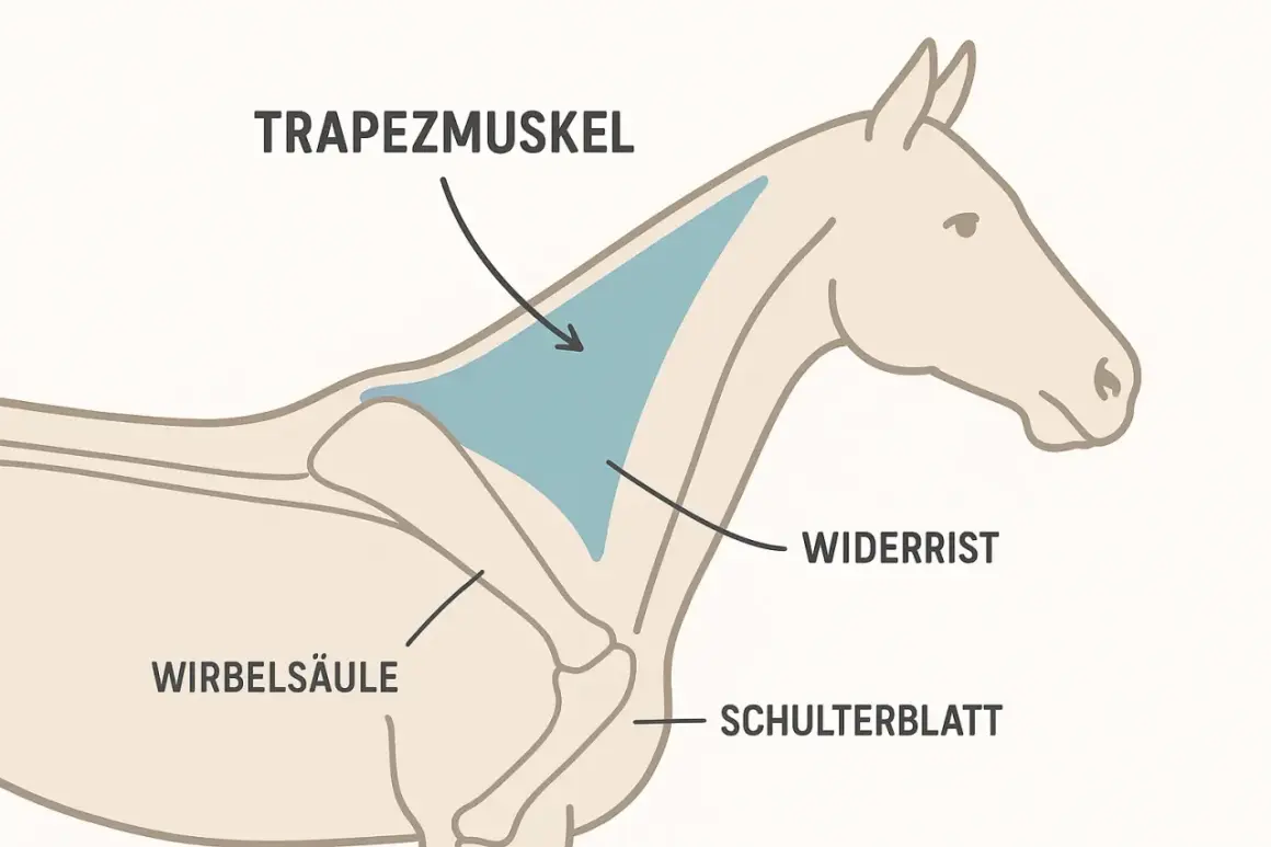 Anatomische Zeichnung eines Pferdes, die den **Trapezmuskel** über dem Widerrist und Schulterblatt zeigt.