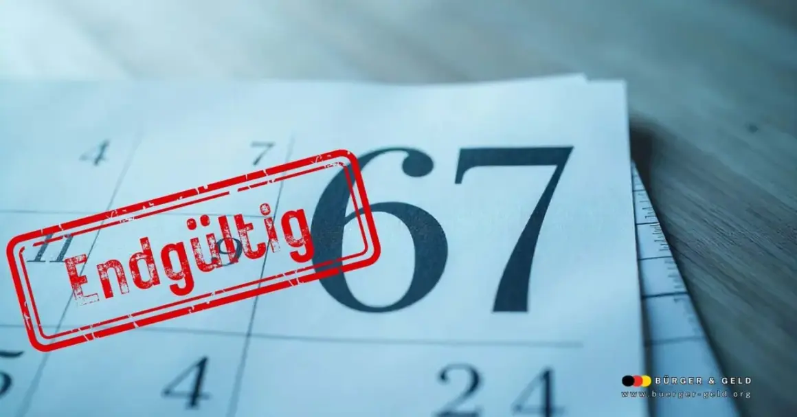 Das Bild zeigt die Zahl 67 mit einem roten Stempel "Endgültig". Wenn ich 58 Jahre bin, wann kann ich in Rente gehen?