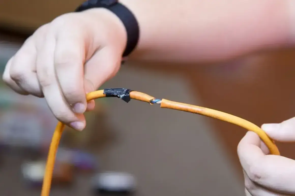 Dłonie łączące pomarańczowy kabel, pokazując jak połączyć kable bez lutowania za pomocą taśmy izolacyjnej.