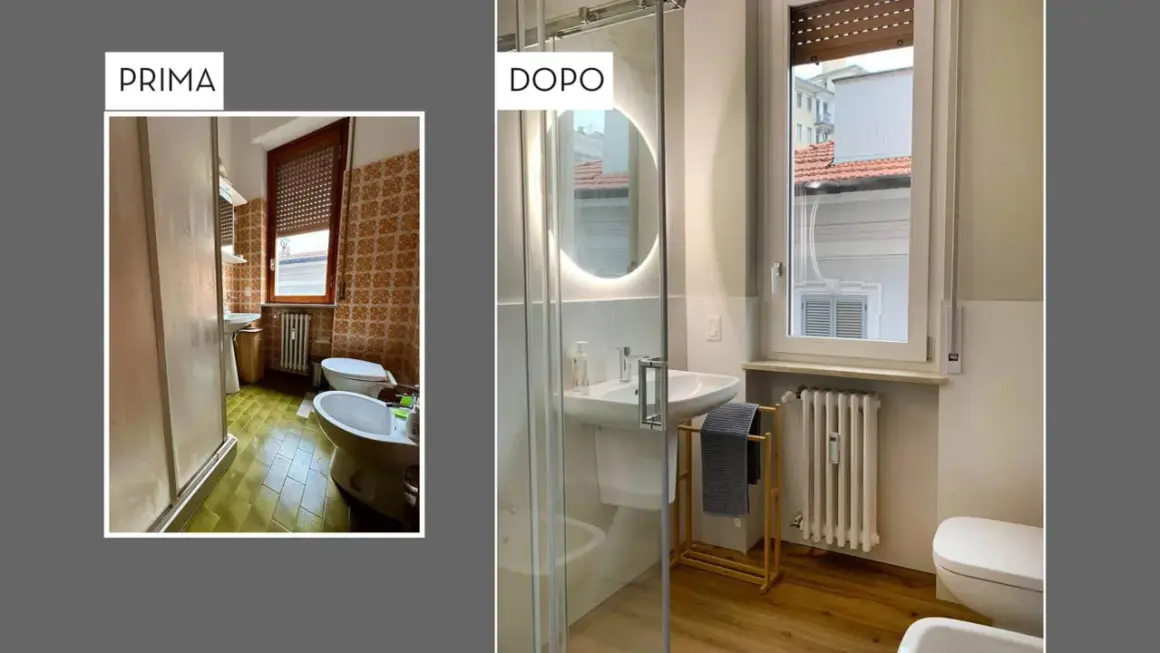 Prima e dopo: un bagno datato con piastrelle verdi e arancioni è stato trasformato in uno spazio moderno e luminoso. Un progetto per rifare il bagno con stile.